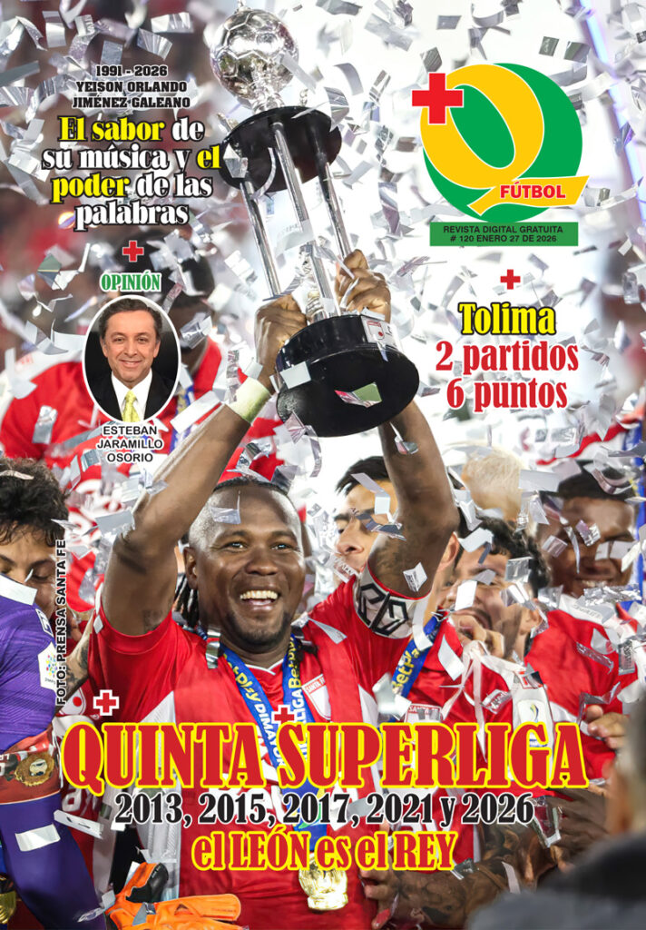 Portada de la revista Más Que Fútbol (enero 2026): jugador de Independiente Santa Fe levanta el trofeo entre confeti y el titular “Quinta Superliga”.