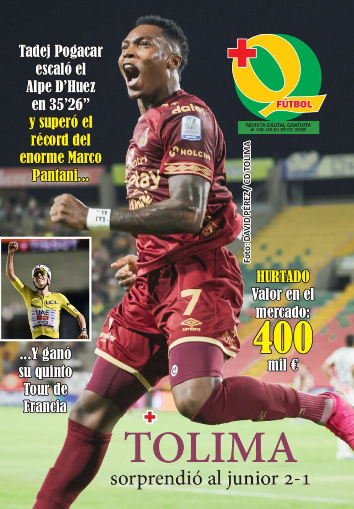 Portada de la Revista +QFútbol edición 136. Destaca a Tadej Pogacar ganando su quinto Tour de Francia y la victoria de Deportes Tolima en la Liga BetPlay.