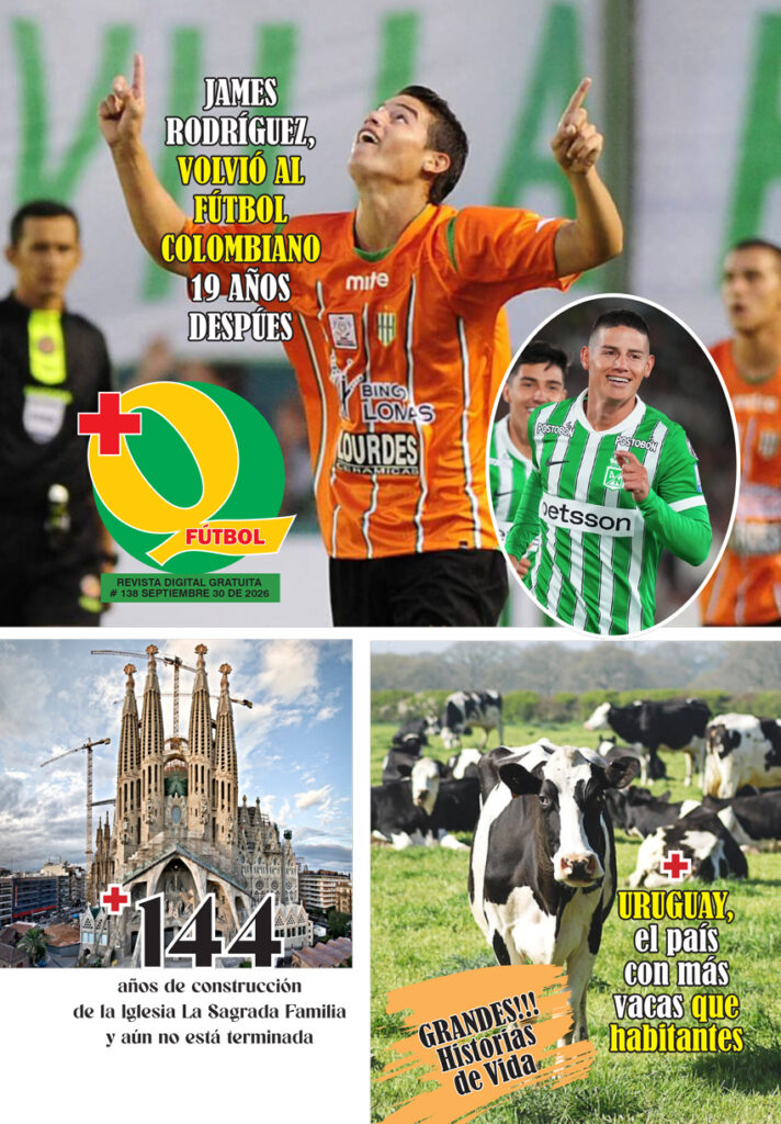Portada de la Revista +Q Fútbol Edición 138 con la Basílica de la Sagrada Familia de Barcelona y titulares sobre James Rodríguez.